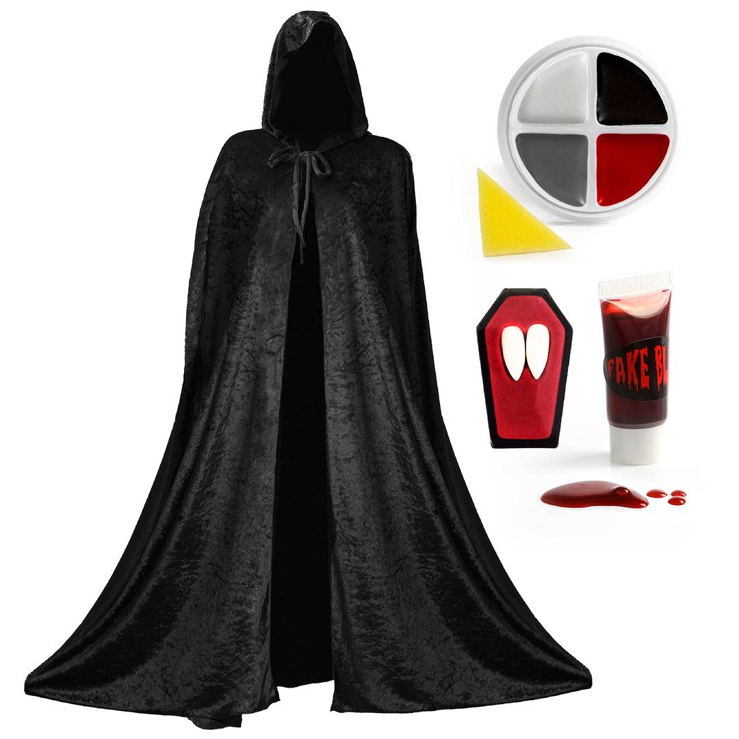 Adult Vampire Halloween Costume Set | Cape, Fangs, Face Paint & Fake Blood
