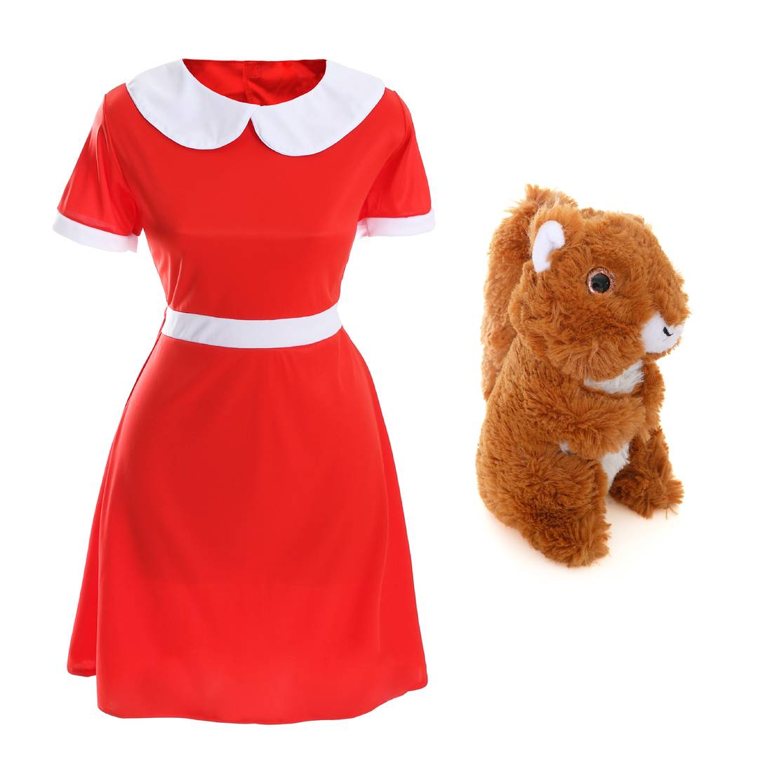 Womens Golden Ticket Winner Costume | Red Dress Squirrel Plush Set