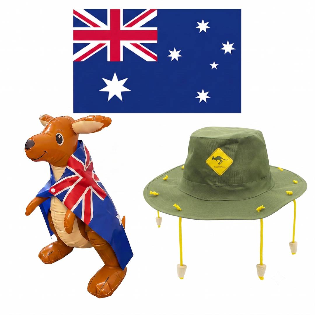 Australian Fancy Dress Party Set | Inflatable Kangaroo, Cork Hat & Flag