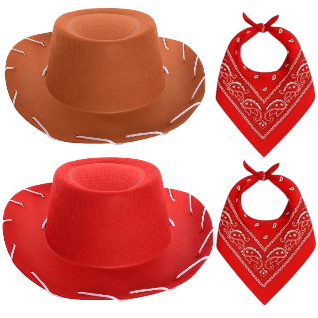 Kids Cowboy Costume Set | Red & Brown Felt Hat & Bandana Fancy Dress