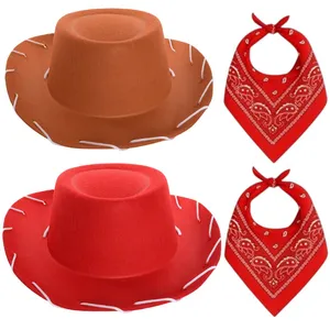 Kids Cowboy Costume Set | Red & Brown Felt Hat & Bandana Fancy Dress