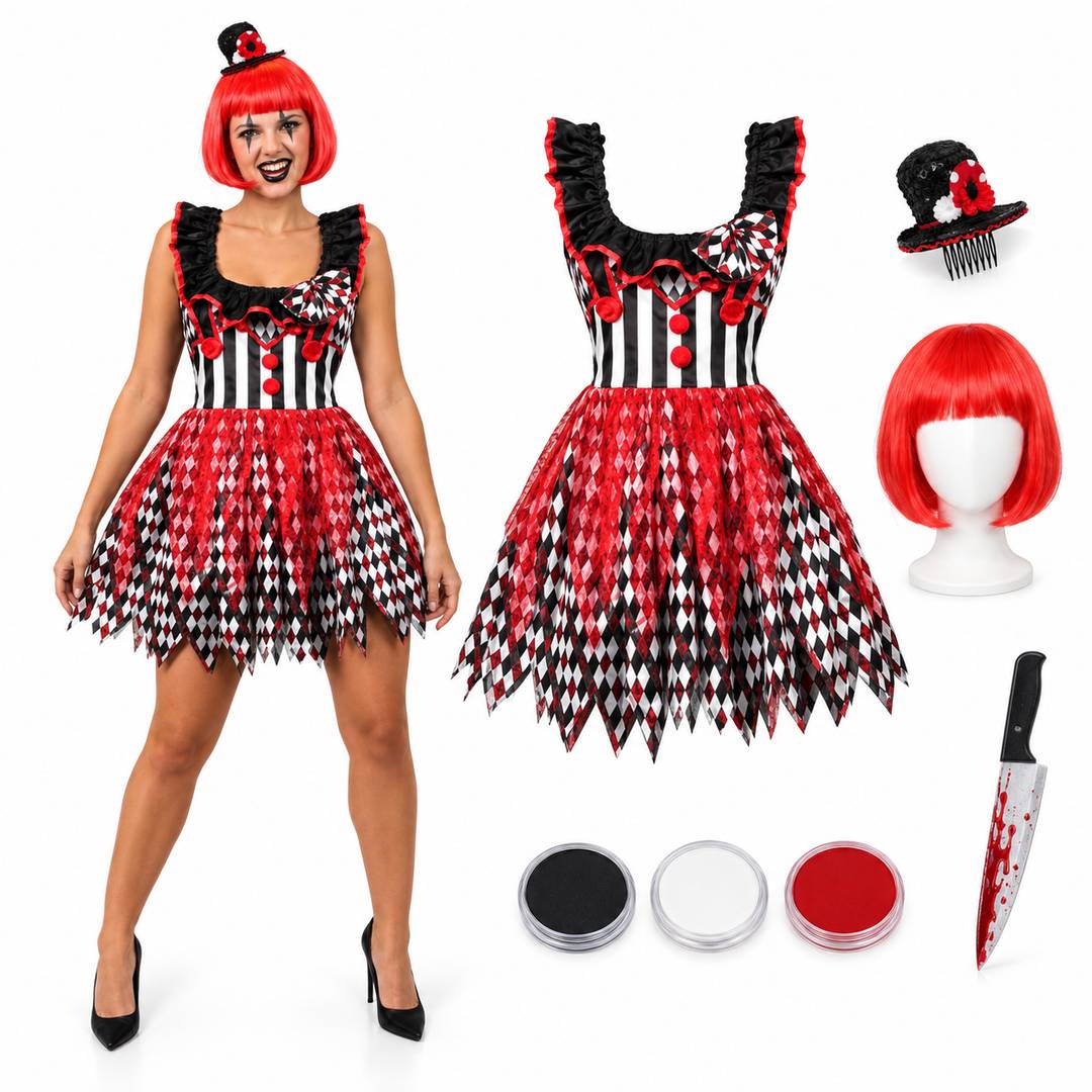 Ladies Deluxe Scary Evil Killer Clown Halloween Costume. Womens Halloween Harlequin Clown Fancy Dress Costume + Miniature Hat + Red Wig + Facepaint + Knife