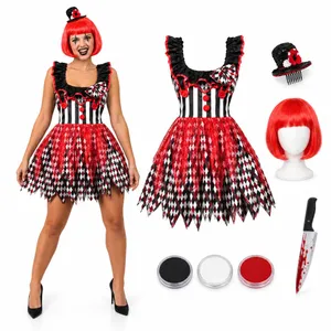 Ladies Deluxe Scary Evil Killer Clown Halloween Costume. Womens Halloween Harlequin Clown Fancy Dress Costume + Miniature Hat + Red Wig + Facepaint + Knife
