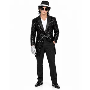 Adult 80s Pop Star Halloween Costume Set | Black Sequin Tailcoat Outfit