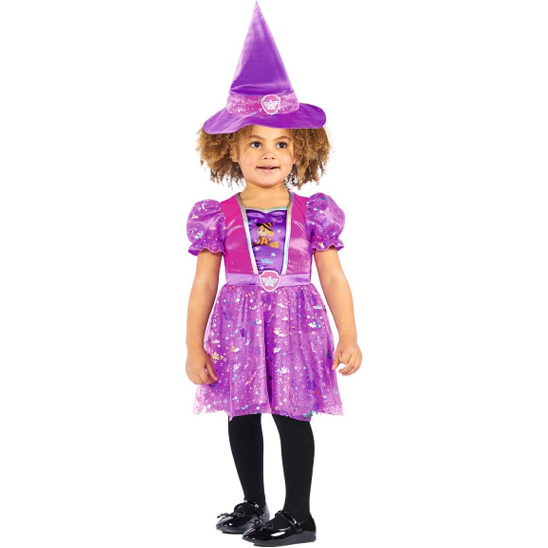 Girls Halloween Pup Witch Costume | Purple Sparkly Fancy Dress Outfit