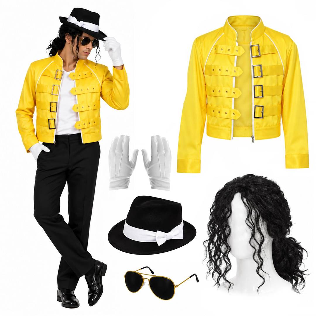 Mens 80s Pop Icon Costume Set | Yellow Jacket Wig Glasses Gloves