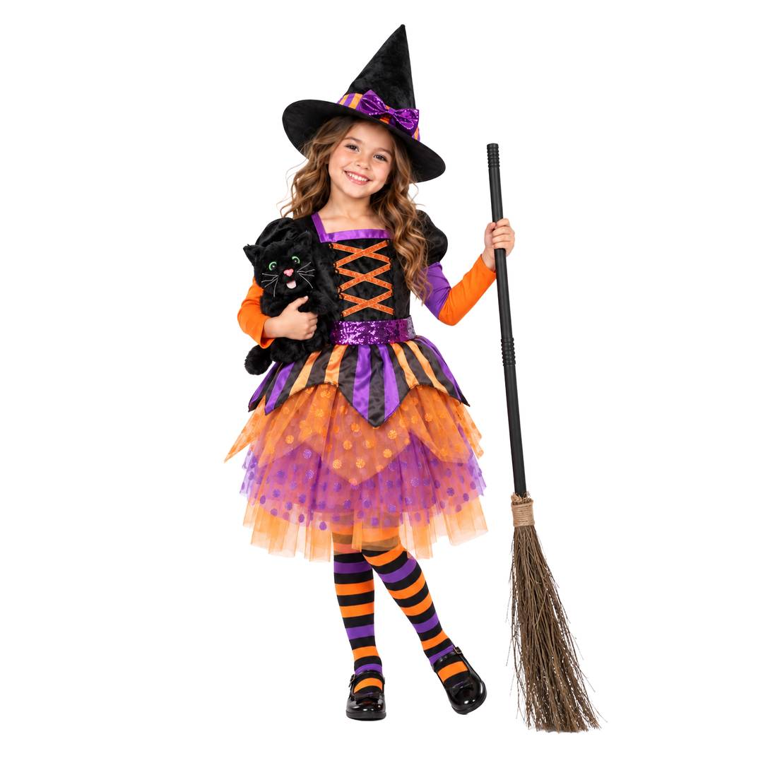Kids Halloween Witch Costume Bundle | Dress, Broom & Cat