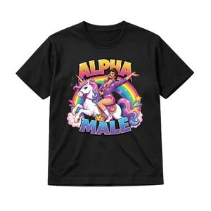 Adults Stag Do Alpha Male T-Shirt | Rainbow Unicorn Print Black Cotton Tee | Ironic Sarcastic Stag Weekend Kit
