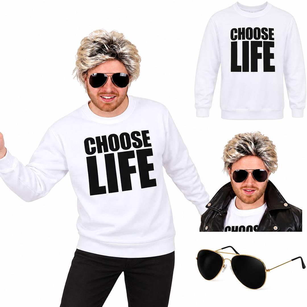 Adults 80s Pop Icon Costume | Choose Life Sweatshirt, Wig & Glasses