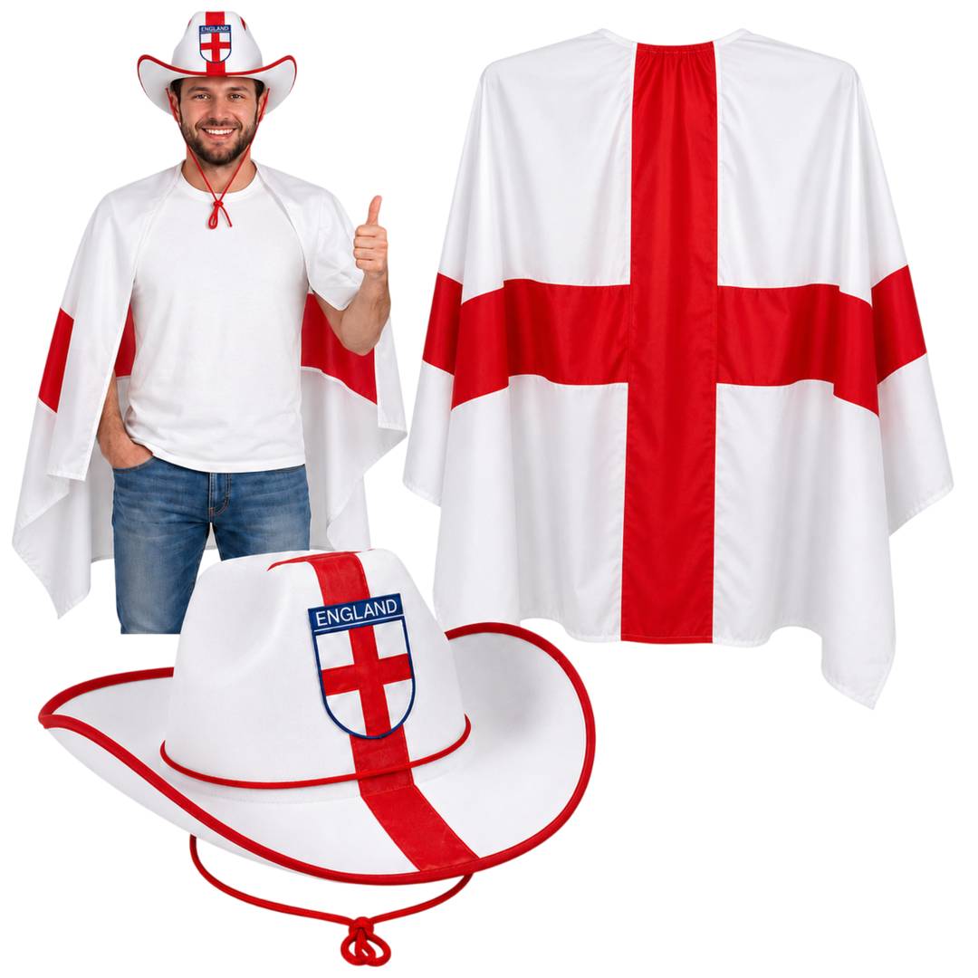 Adults England Flag Cape and Cowboy Hat | 2 Piece Match Day Football Fanzone Pub Party Costume for Football Fans
