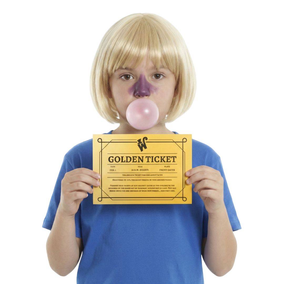 Girls Golden Ticket Costume | Blonde Wig Bubblegum Fancy Dress
