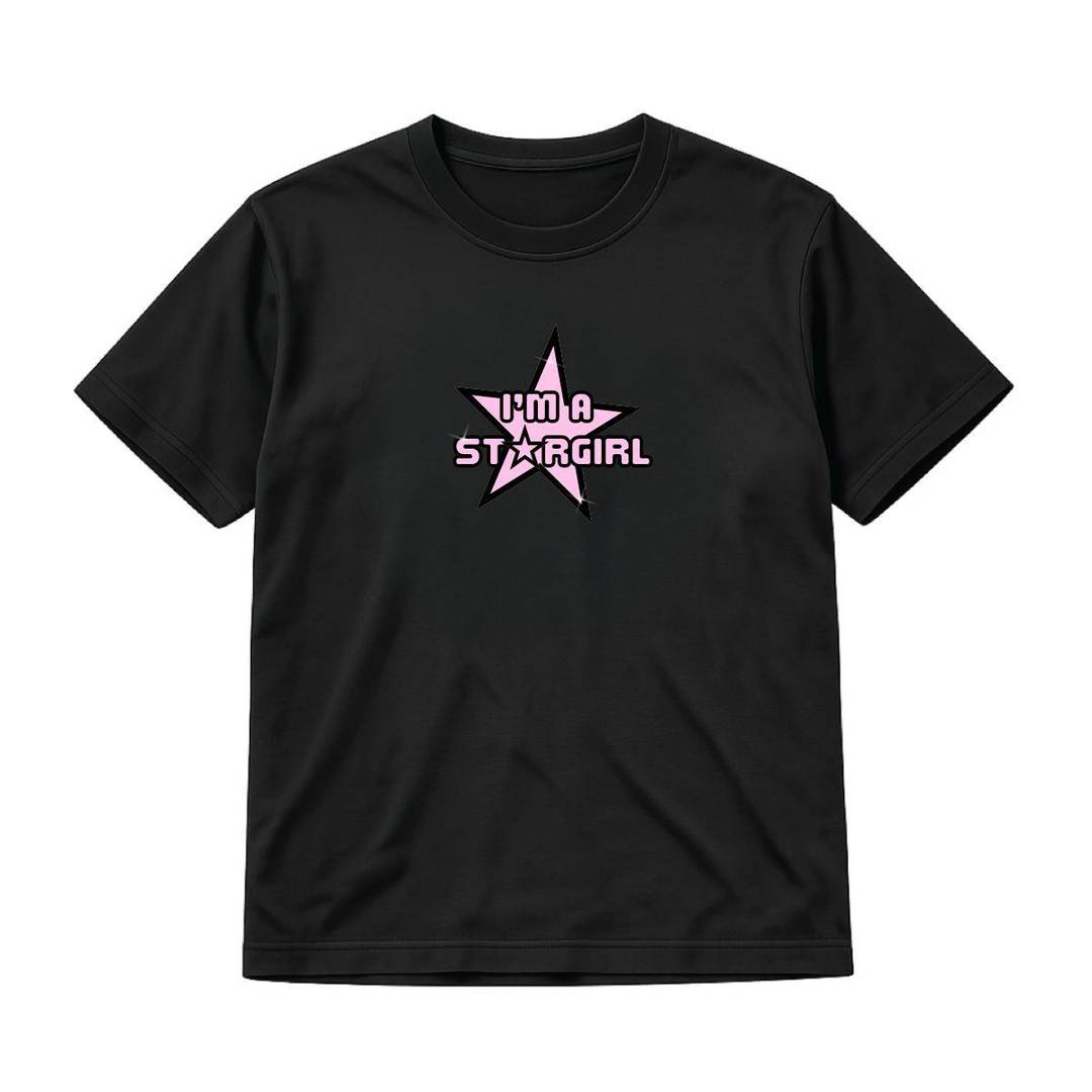 Ladies Stargirl Baby Tee | Black Y2K Cropped Fitted Cotton Top | Pink Front Print