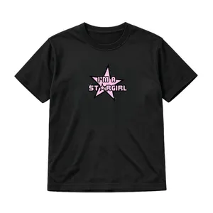 Ladies Stargirl Baby Tee | Black Y2K Cropped Fitted Cotton Top | Pink Front Print