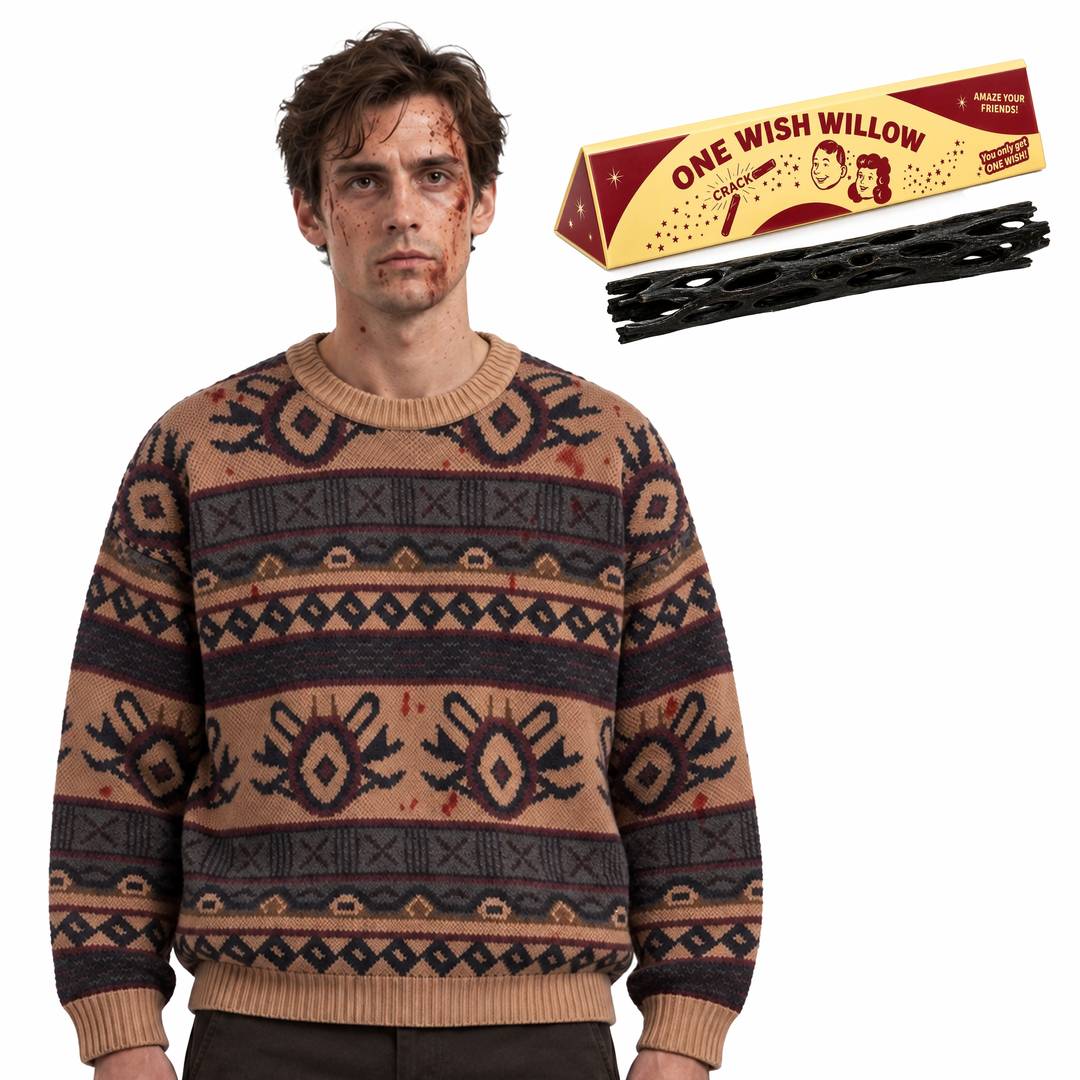 Mens Halloween Jumper & Prop Costume Set | Willow Branch Accessory Bear Obsession Inspired Outfit