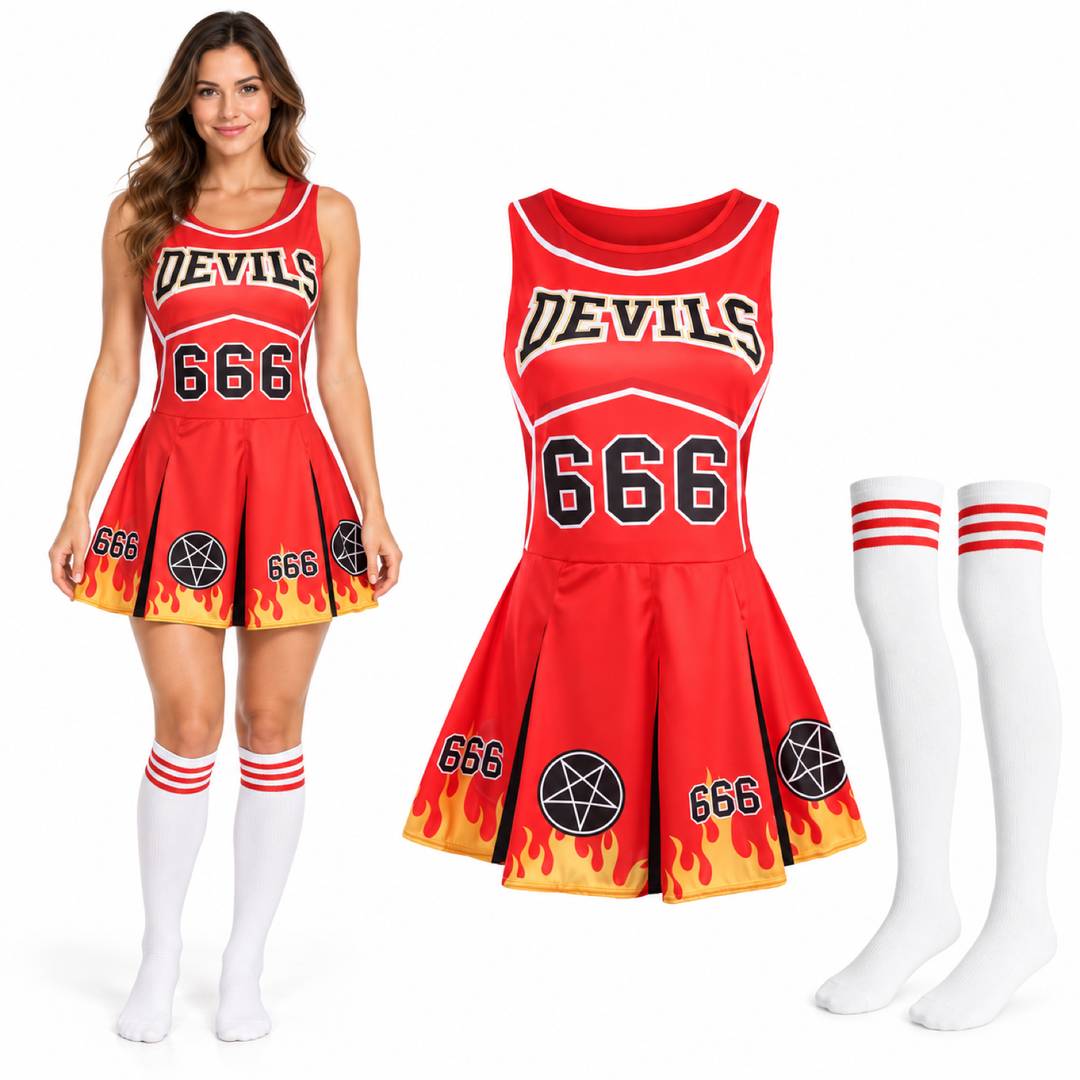 Womens Devil Cheerleader Costume | Halloween Fancy Dress Set