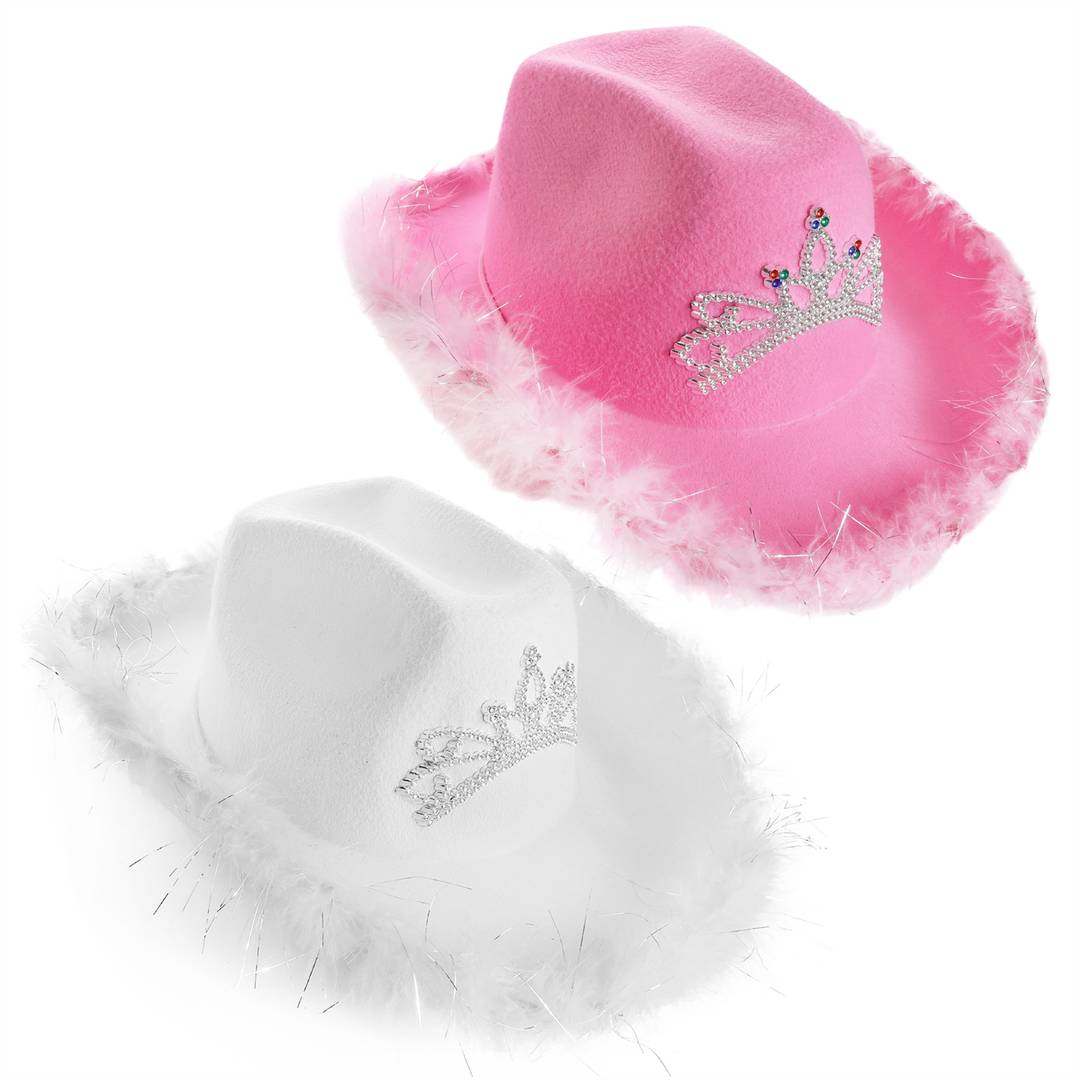 White & Pink Cowgirl Hats | Marabou Trim & Tiara, Pack of 2 | Hen Party Fancy Dress Accessory