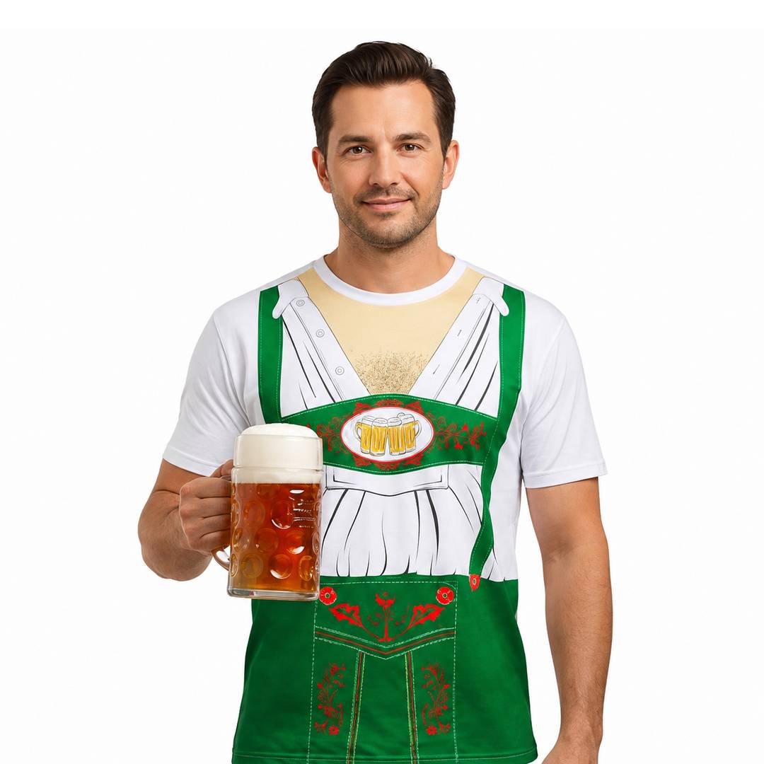 Mens Oktoberfest Bavarian T-Shirt - Green Lederhosen Costume Top