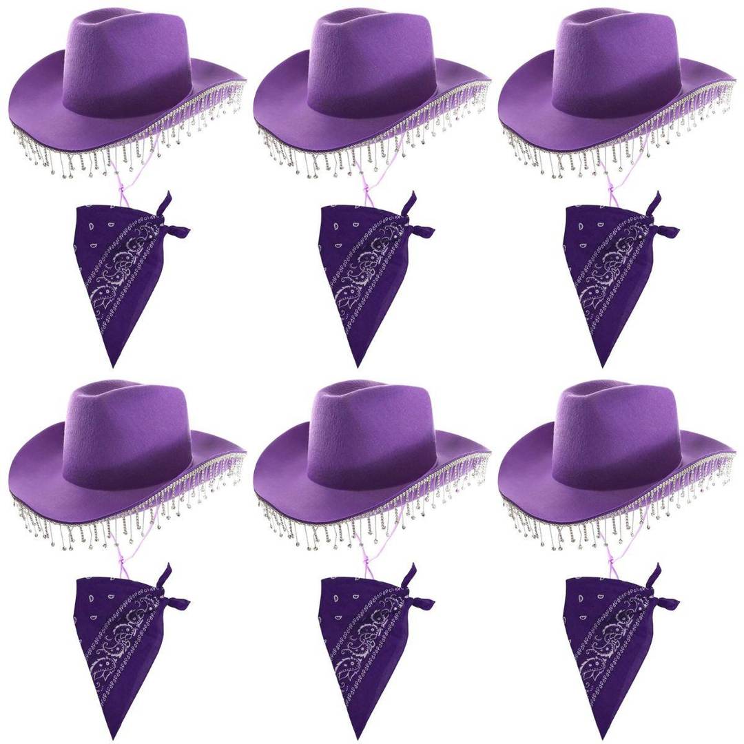 Adults Purple Cowgirl Hat & Matching Bandana Set | Wide-Brim Hat with Diamanté Trim & Paisley Print Bandana | Multipack Available