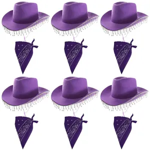 Adults Purple Cowgirl Hat & Matching Bandana Set | Wide-Brim Hat with Diamanté Trim & Paisley Print Bandana | Multipack Available