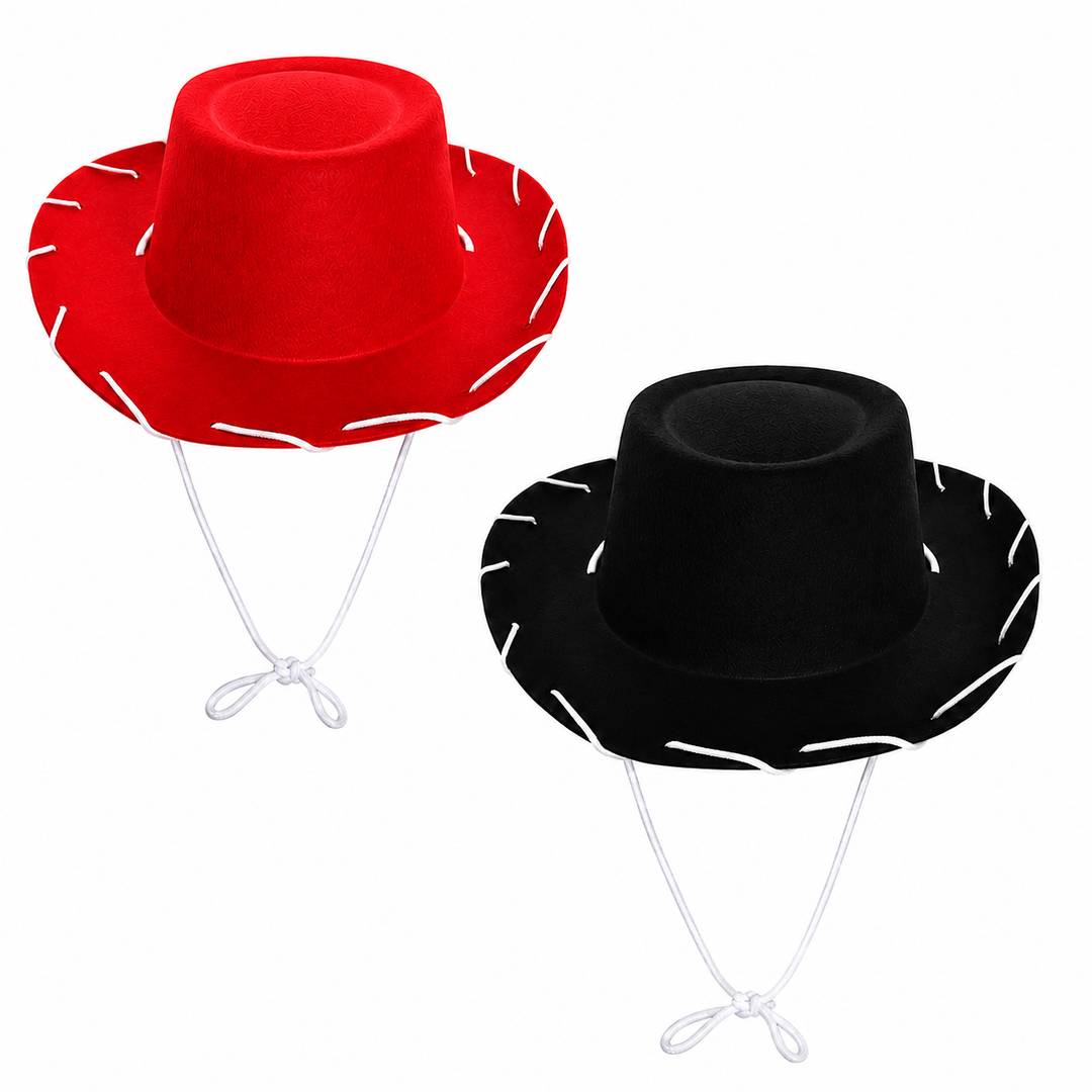 Kids Cowboy Hat Set Black & Red | Wild West Fancy Dress Twin Pack