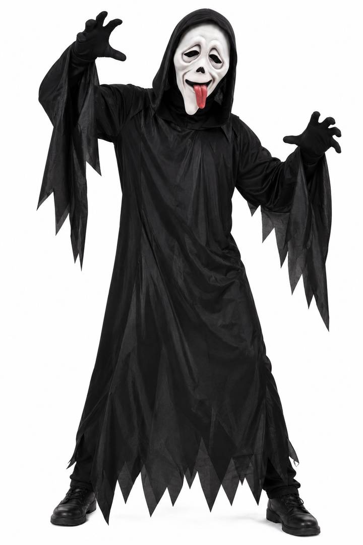 Wazzup Ghost Mask & Black Hooded Robe Costume | Halloween Fancy Dress Set