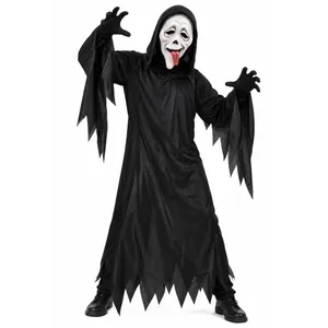 Wazzup Ghost Mask & Black Hooded Robe Costume | Halloween Fancy Dress Set
