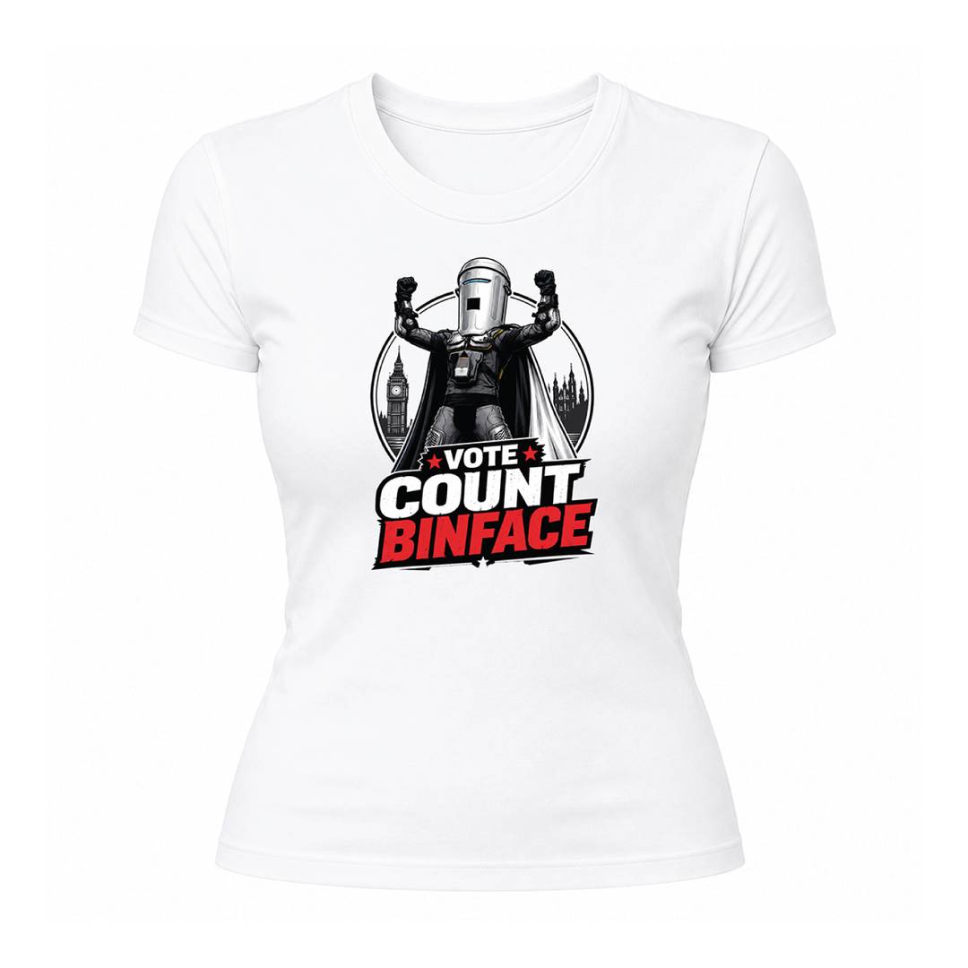 Ladies British Political Satire Baby Tee - Womens Fitted White Cotton Slogan T-Shirt with Bin-Headed Parody Character Print - Adults UK Election Night Watch Party Novelty Top