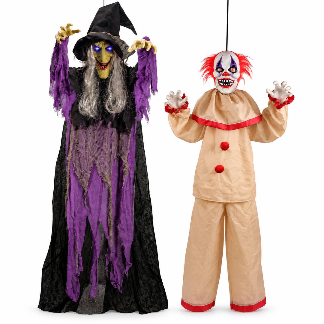 Adult Halloween Animatronic Props | Cackling Witch & Hanging Clown