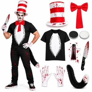 Adults Killer Cat Halloween Costume | Belly Print T-Shirt & Blood Knife Set