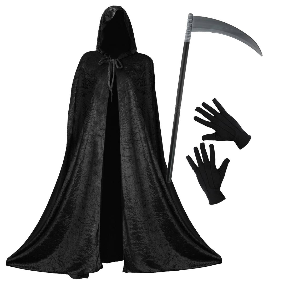 Adult Halloween Grim Reaper Costume | Cape, Scythe and Gloves Set