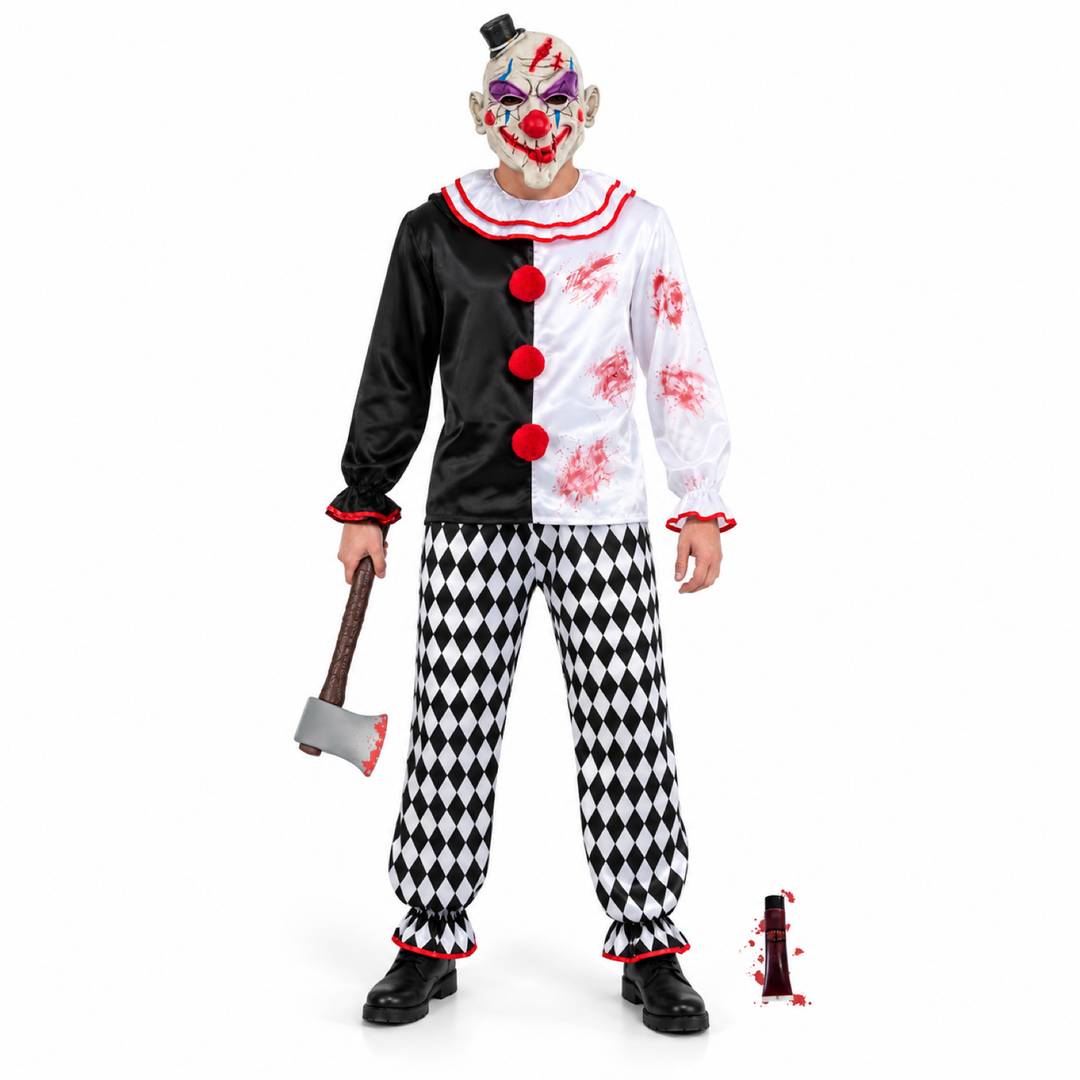 Adult Halloween Scary Clown Costume Set | Latex Mask, Axe & Fake Blood Kit