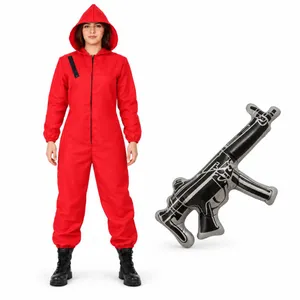 Adults Halloween Bank Robber Costume | Red Jumpsuit with Inflatable Gun