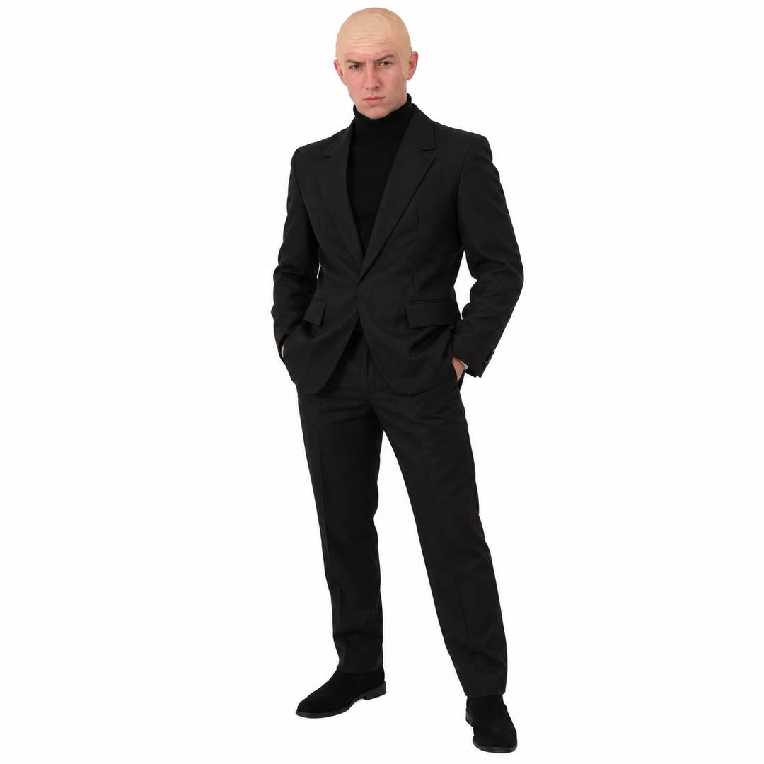 Mens Secret Agent Costume - Black Suit & Bald Cap