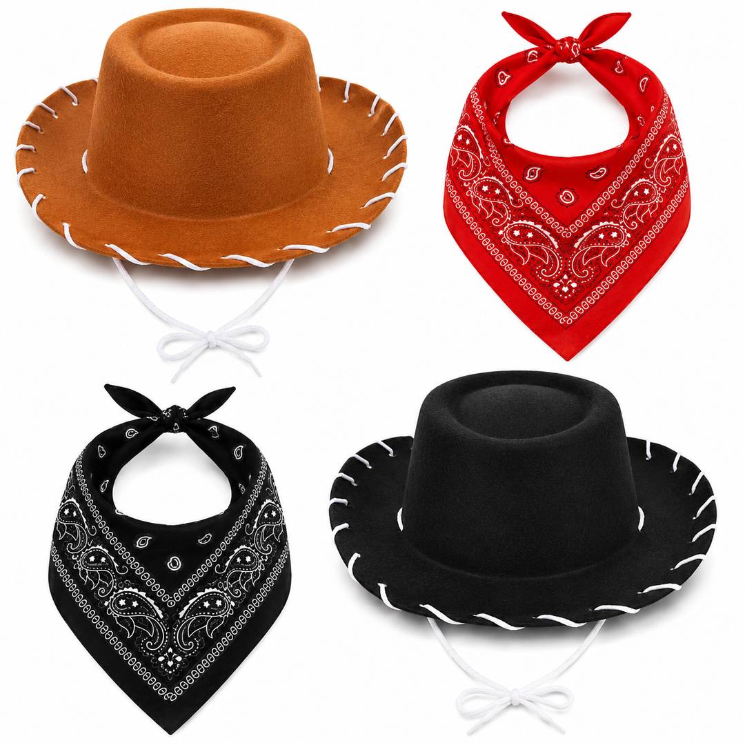 Kids Cowboy Costume Set | 4 Piece Hats and Bandanas Wild West