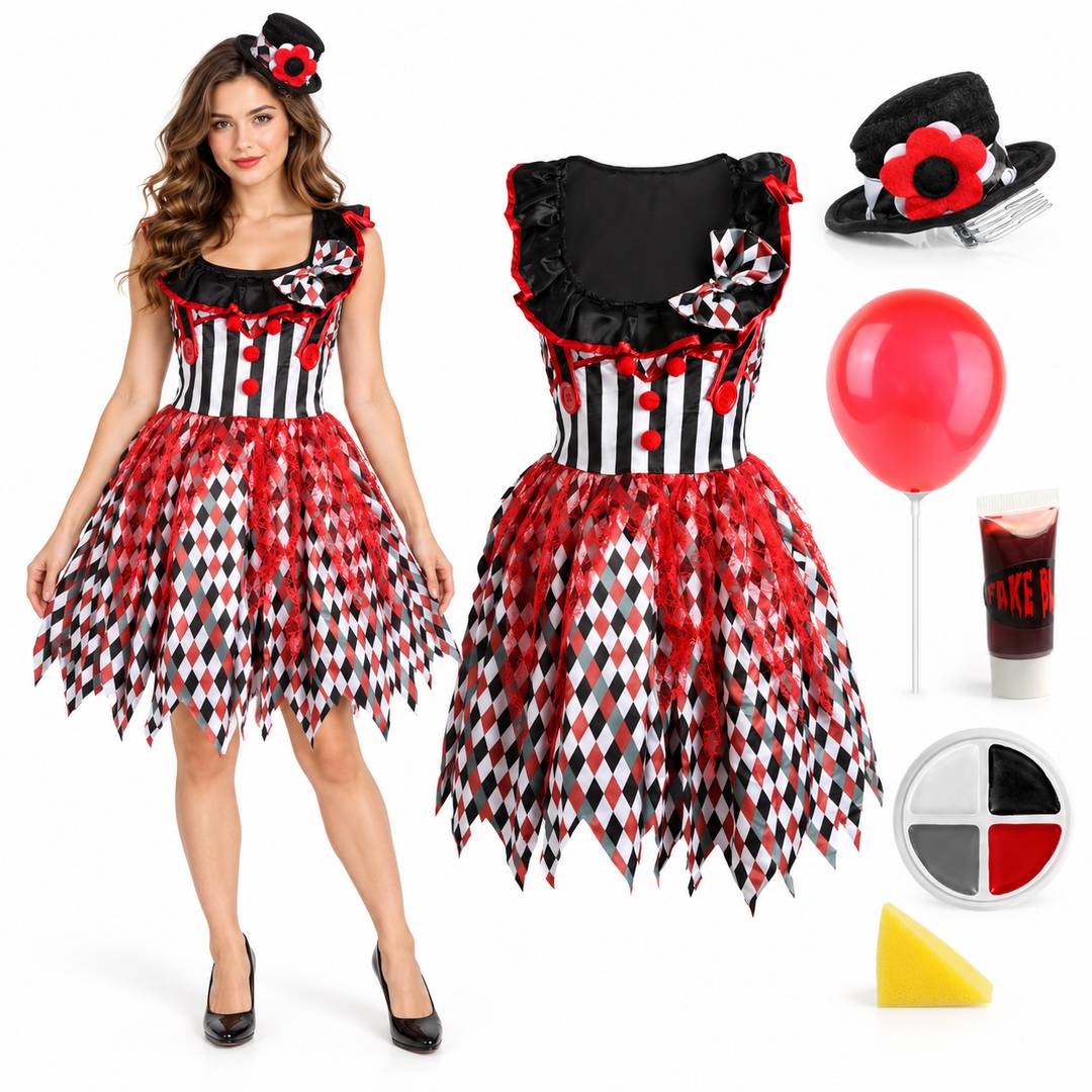 Womens Killer Clown Costume | Deluxe Halloween Fancy Dress Outfit