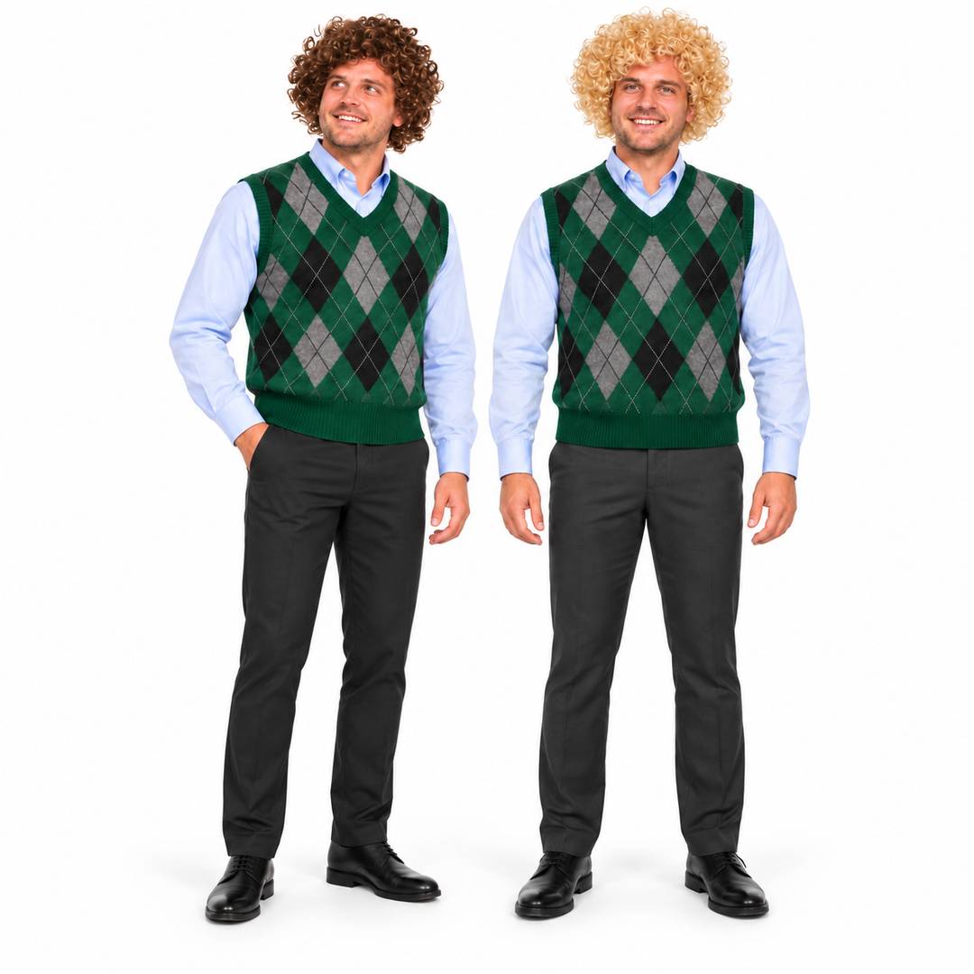 Mens Step Brothers Costume | Green Sweater Vest Afro Wig Set