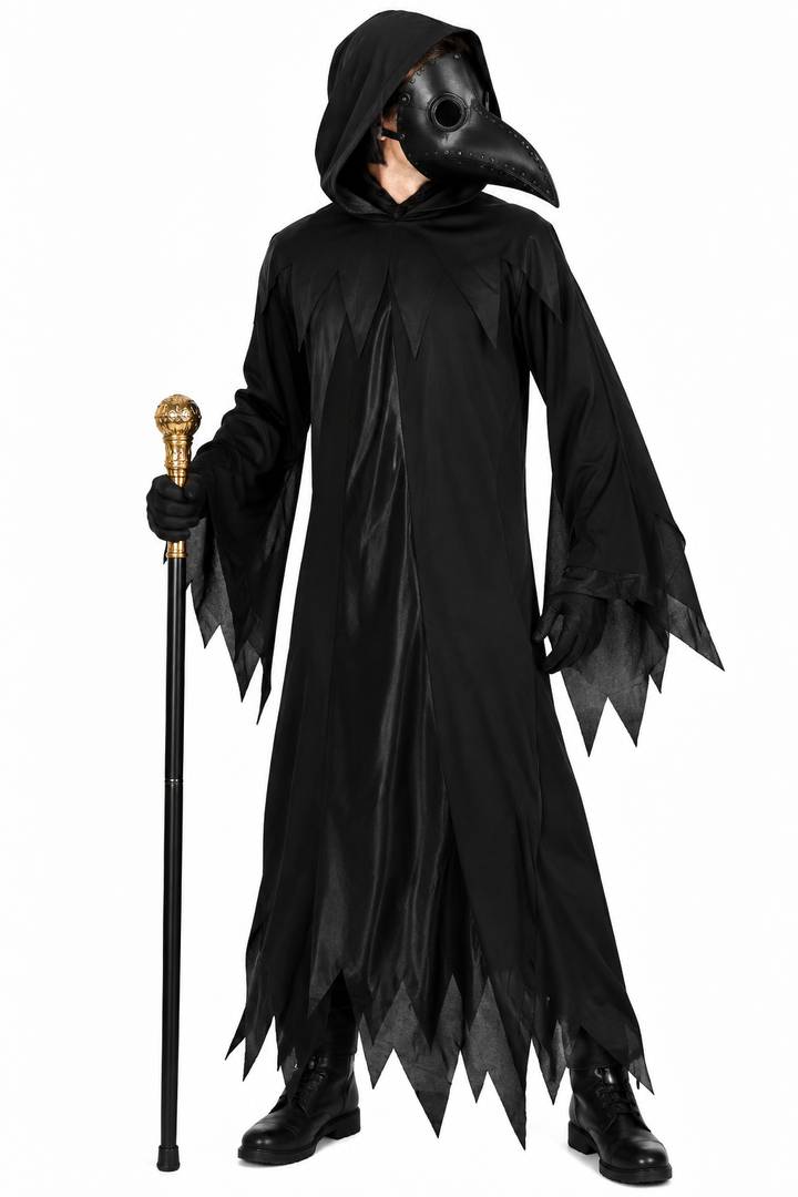 Adults Halloween Plague Doctor Costume | Gold Cane, Mask & Gloves Set