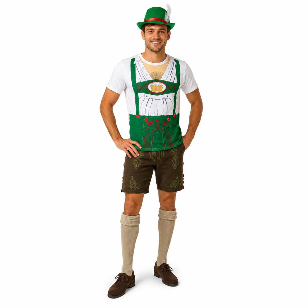 Mens Oktoberfest Bavarian Costume Set - T-Shirt, Hat & Kilt Socks