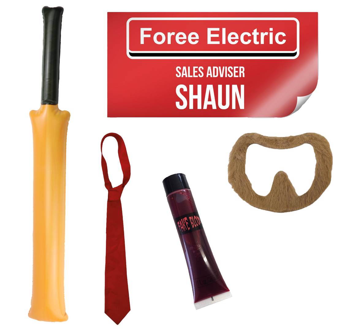 Adults Zombie Killer Accessory Set | 5 Pcs | Inflatable Cricket Bat, Ginger Goatee, Red Tie, Staff Badge & Fake Blood
