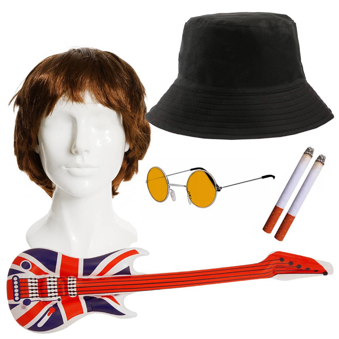 Britpop Band Costume Bundle - Inflatable Guitar, Wig, Hat, Glasses & Cigarettes