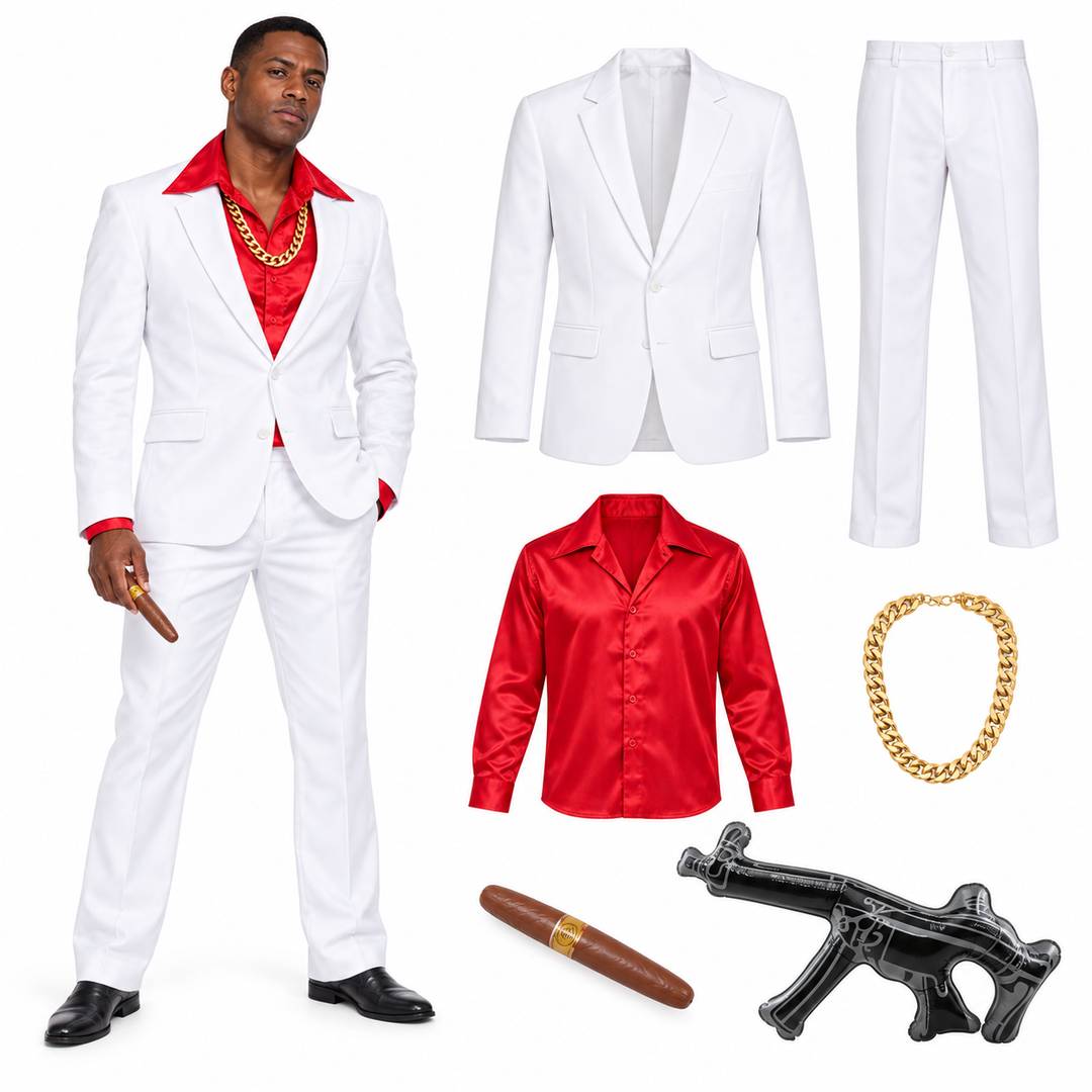 Adult White Gangster Costume Set | Mob Boss Fancy Dress + Inflatable Gun