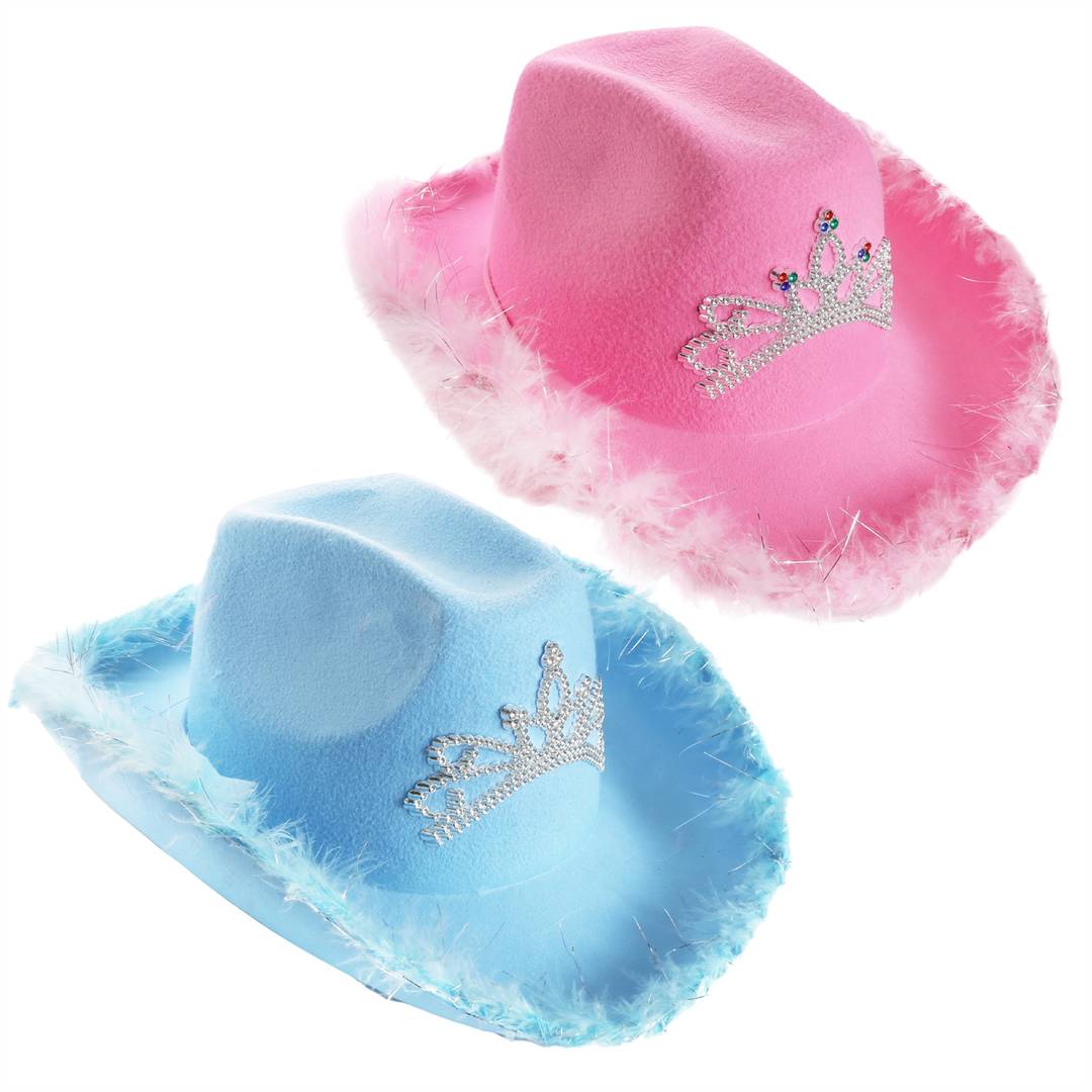 Fluffy Cowboy Hats Pink & Blue | Tiara & Marabou Trim | Hen Party Set of 2