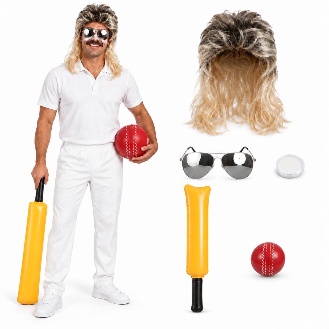 Adults Australian Cricketer Costume | 5 Piece Kit | Mullet Wig, Mirrored Sunglasses, Face Paint & Inflatable Bat & Ball