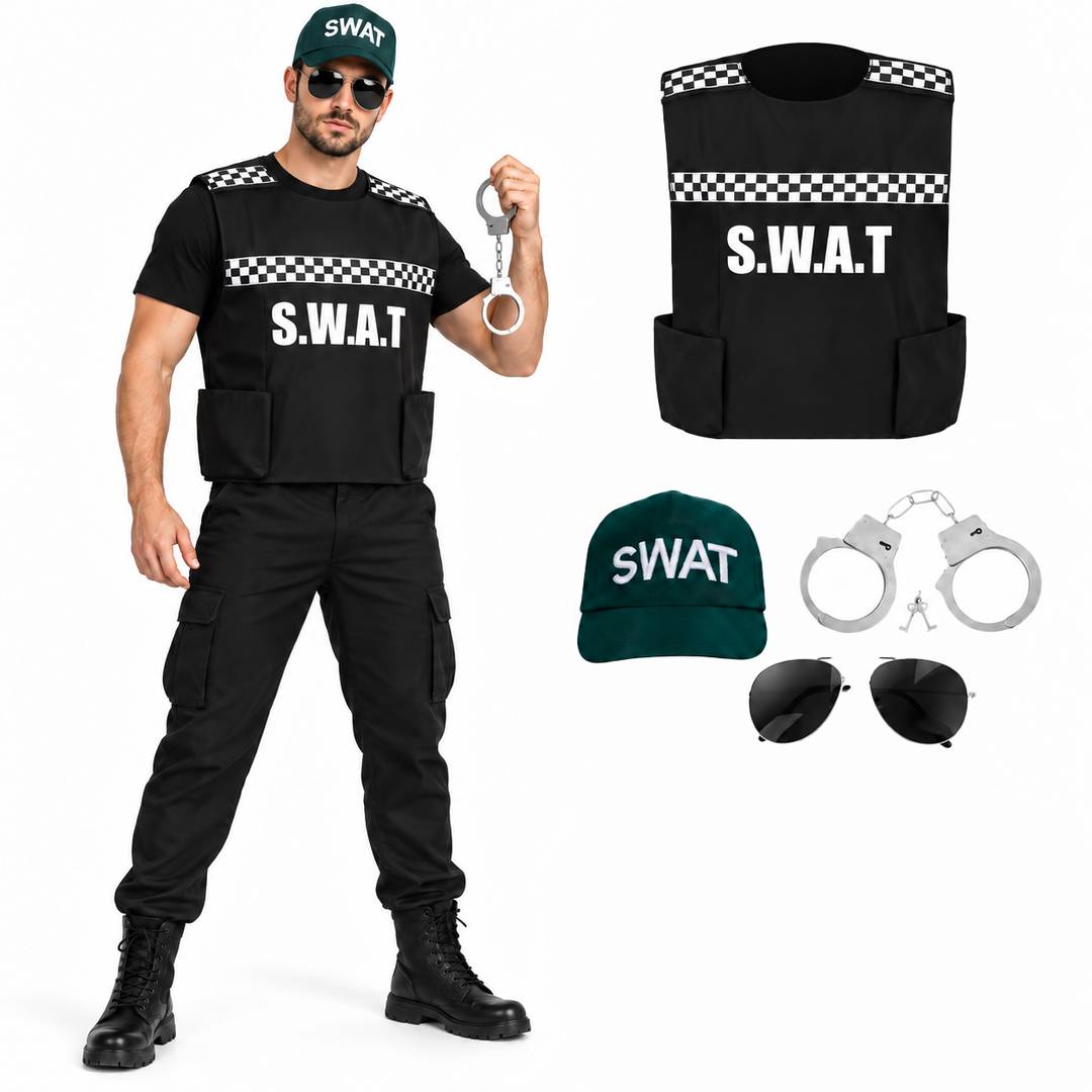Adult SWAT Police Costume Set | Fancy Dress Vest, Cap & Accessories