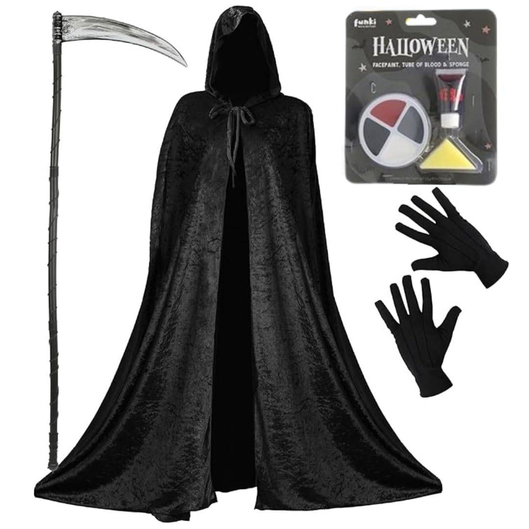 Adult Halloween Grim Reaper Costume | Cape Scythe Gloves Face Paint