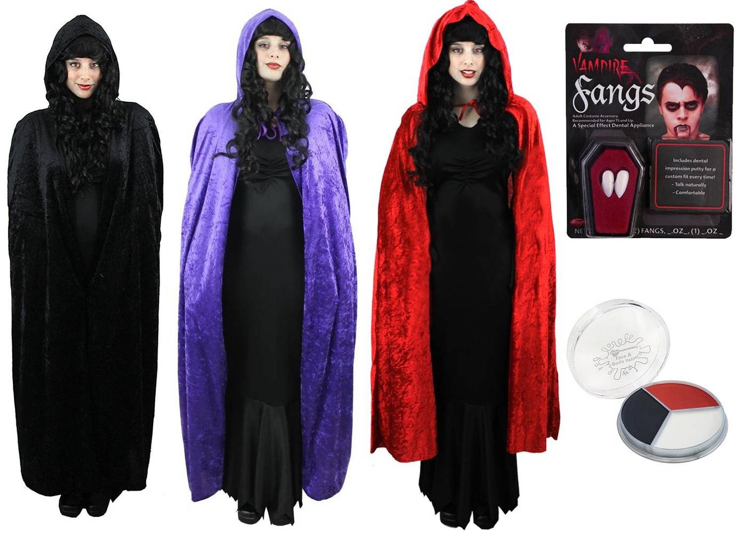 Adults Vampire Halloween Costume | Cape, Fangs & Facepaint, 3 Colours