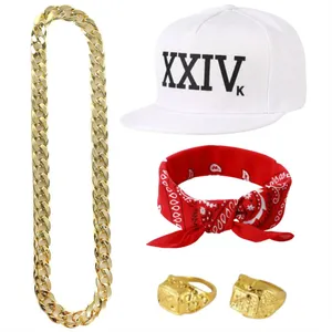 Adults White Fedora Rapper Fancy Dress Set | 5-Piece Costume Accessory Kit | Hat, Gold Chain, Rings & Red Bandana