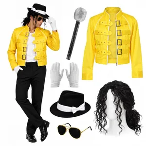 Mens 1980s Pop Star Costume Set | Yellow Jacket Wig Hat Glasses