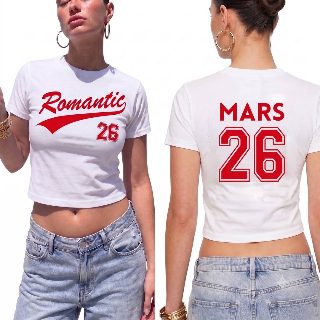 Ladies White Cropped Baby Tee | Red Romantic 26 Front & Back Print | 100% Cotton
