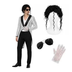 Adults King of Pop Costume Set | Silver Sequin Tailcoat with Curly Black Wig, Sequin Glove & Aviator Glasses | Fancy Dress for Halloween & Tribute Acts